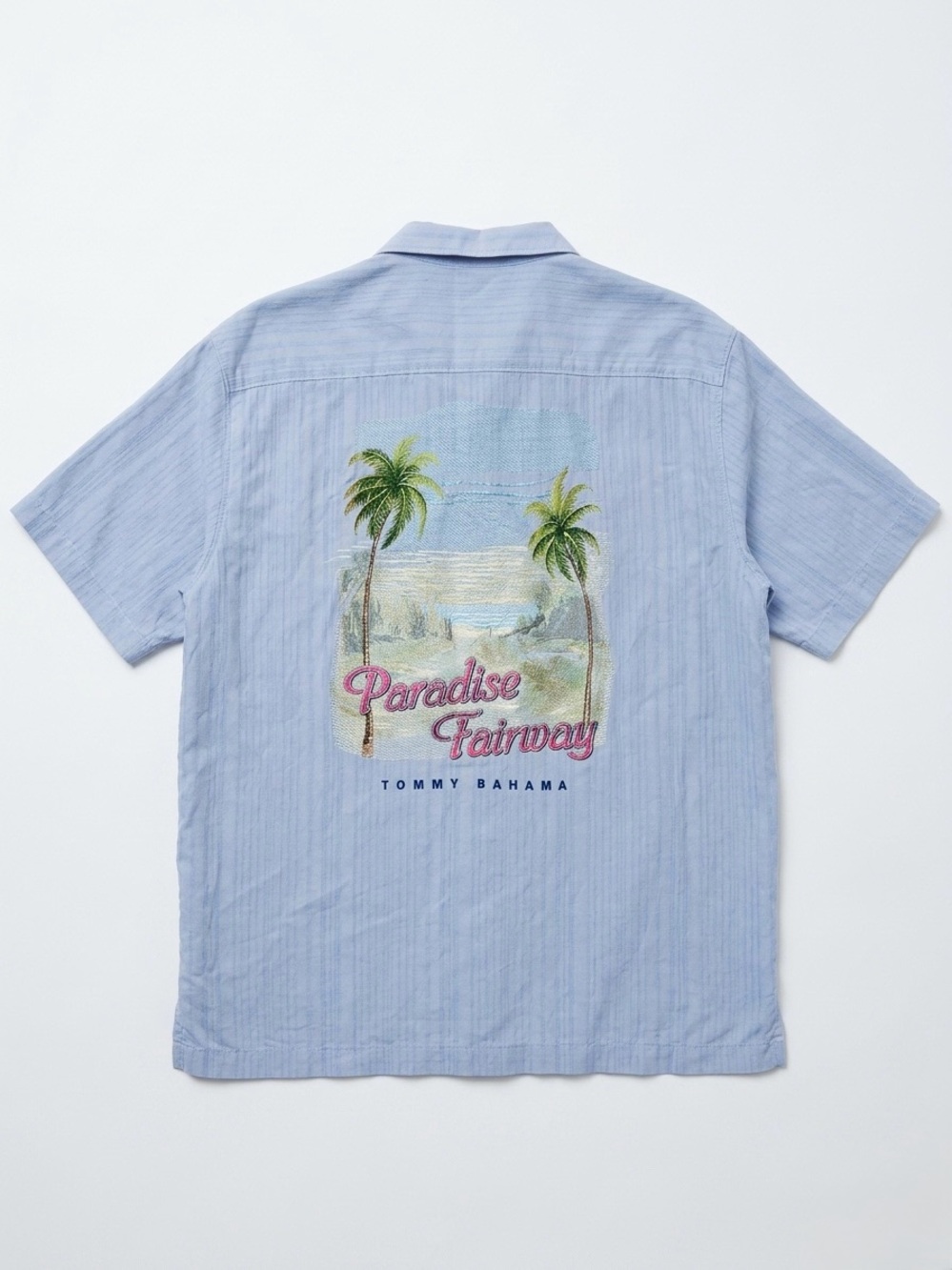 Tommy Bahama Paradise Fairway Silk Shirt Blue Embroidered Back Size Large